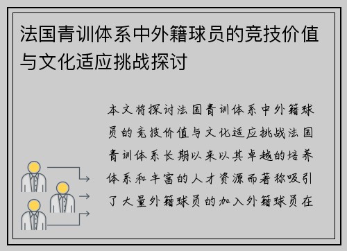法国青训体系中外籍球员的竞技价值与文化适应挑战探讨