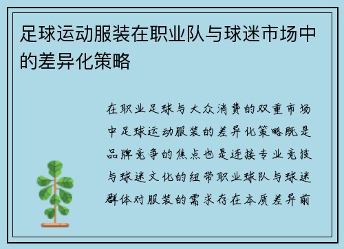 足球运动服装在职业队与球迷市场中的差异化策略