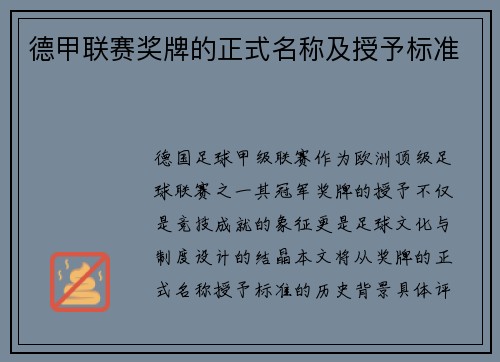 德甲联赛奖牌的正式名称及授予标准